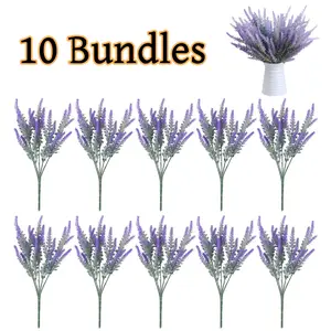 10 Bundles Artificial Lavender Flowers Fake Plastic Plants UV Resistant No Fade Fake Plants for Home Wedding Kitchen Garden Patio Porch Window Decor