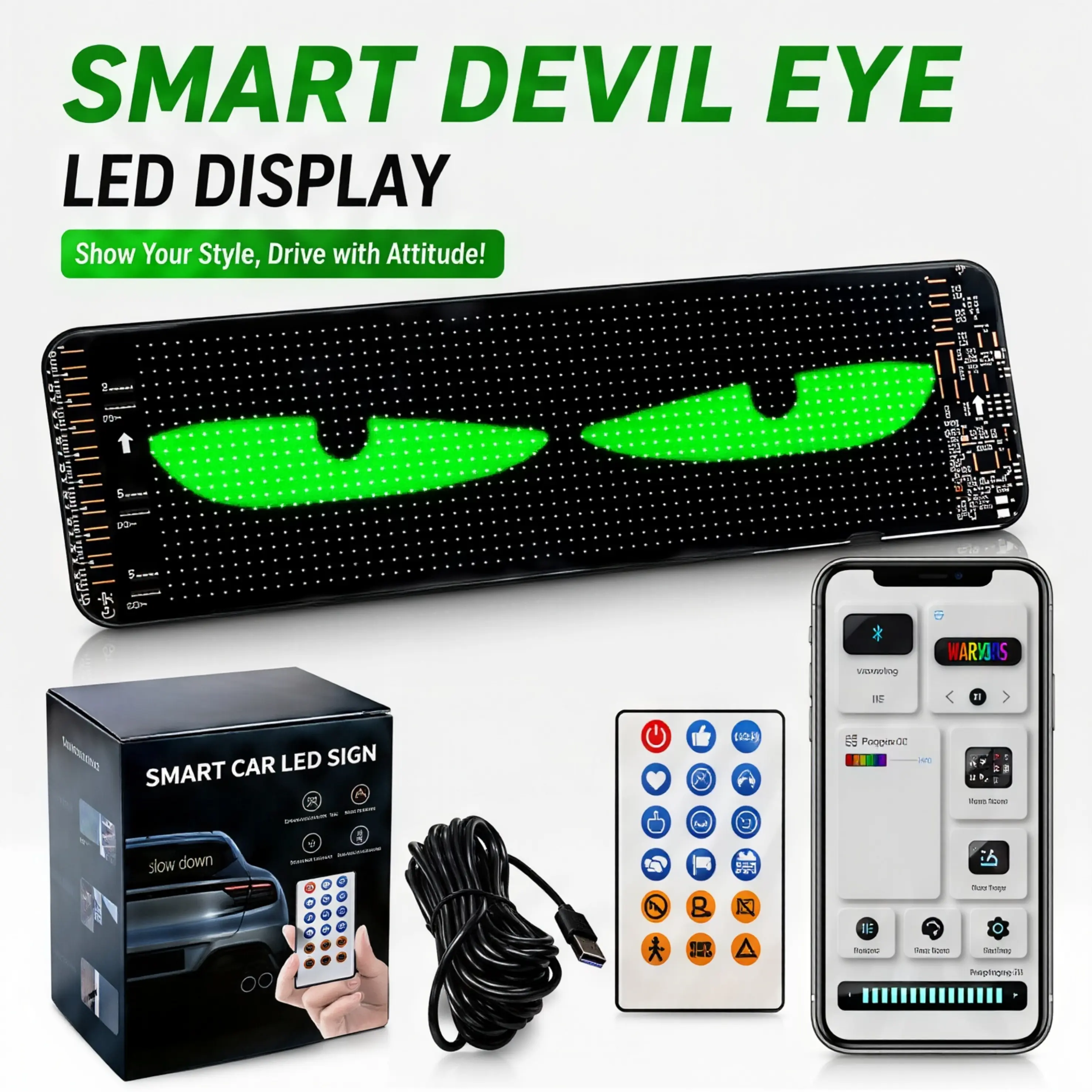 QIFOR Devil Eyes Light for Cars 1 Pack, 13.7in*4.01inDynamic Eye Lights Programmable LED Eyes for Car Truck,Ultra-Thin Flexible Windshield Eyes Animated LED DisplayScreen, Remote & APP Contro