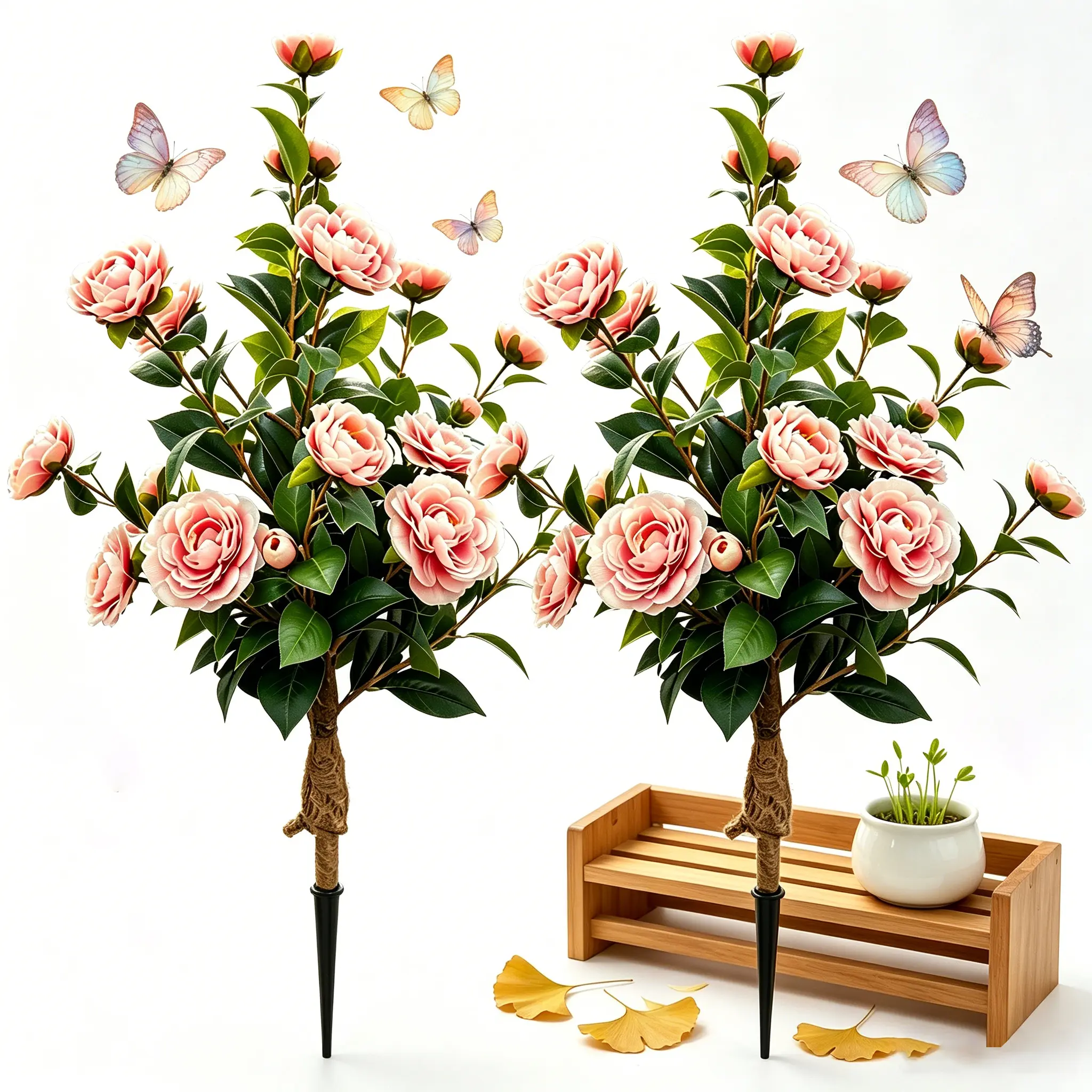 DLDA 2PCS Premium Real Touch Artificial Camellia Ground Stake Flowers - UV-Resistant Waterproof Decorative Artificial Outdoor Flowers, Rustic Cottage Core Tree Ornament for Outdoor Spaces, Wedding Decor