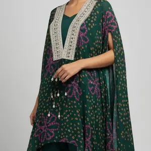 Kaftan - Elegant Bandhani Pattern with Gold Embellishments and Fringe Details for Women