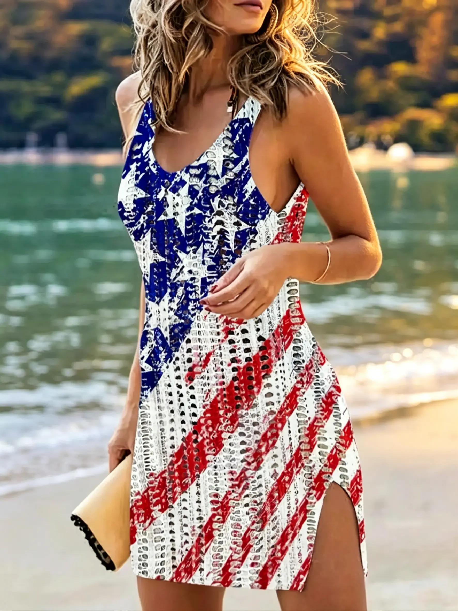 Women's American Flag Hollow Out Split Thigh Tank Dress, 4th of July scoop neck sleeveless A-line dress. Casual summer sundress perfect for Independence Day daily wear and holiday occasions.