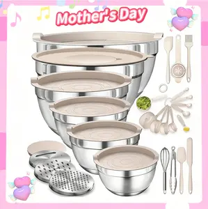 6-Piece Stainless Steel Nesting Mixing Bowls Set - Versatile, Easy to Store Bakeware with Lids, Graters, Whisk, Spatulas for Home Kitchen Baking, Cooking