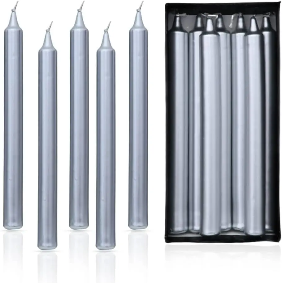 10-Pack Durable Elegant Silver Straight Decorative Candles - 9in Cotton Wick Candle Lighting for Home, Dining Room Decorations (Multi Packs)