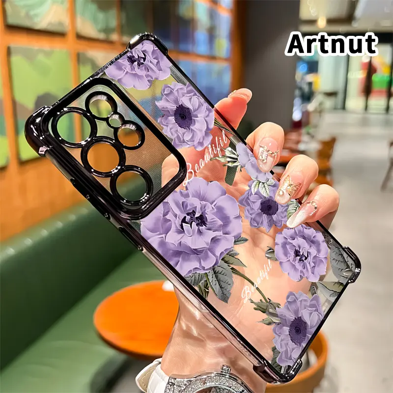 Compatible with Samsung Galaxy S23 Ultra S24 Plus S25 S22+ FE Edge Phone Case Purple Blossom Elegance Pattern Four-Corner Drop-Resistant Electroplated Transparent TPU Soft Trendy Cover