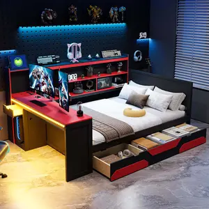 [Bellemave] Wooden Gaming Daybed with Desk & 3 Storage Drawers| Bed Frame with LED Lights & Charging Station| Multi-Functional Headboard Bookcase| Easy Assembly