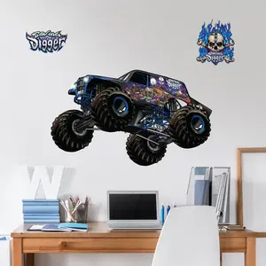 Wall Palz Monster Jam Son-Uva Digger Wall Decal 22" Wide with Fiery Blue-Black Design and Iconic Skull Imagery Peel-and-Stick Material for Easy Application