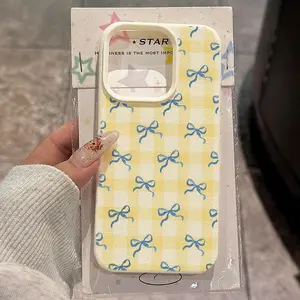 Yellow and White Checkered Pattern with Blue Bow Design for iPhone 17 Pro Max Case, Compatible with 17 Air/16 Pro Max/16 Plus/15 Pro Max/15 Pro/15 Plus/15/14 Pro Max/14 Pro/14 Plus/14/13 Pro Max/13 Pro/13/12 Pro Max/12 Pro/12/11 Pro
