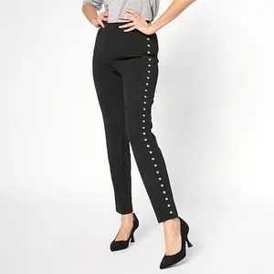 Nina Leonard Studded Crepe Knit Slim-Leg Pull-On Pant