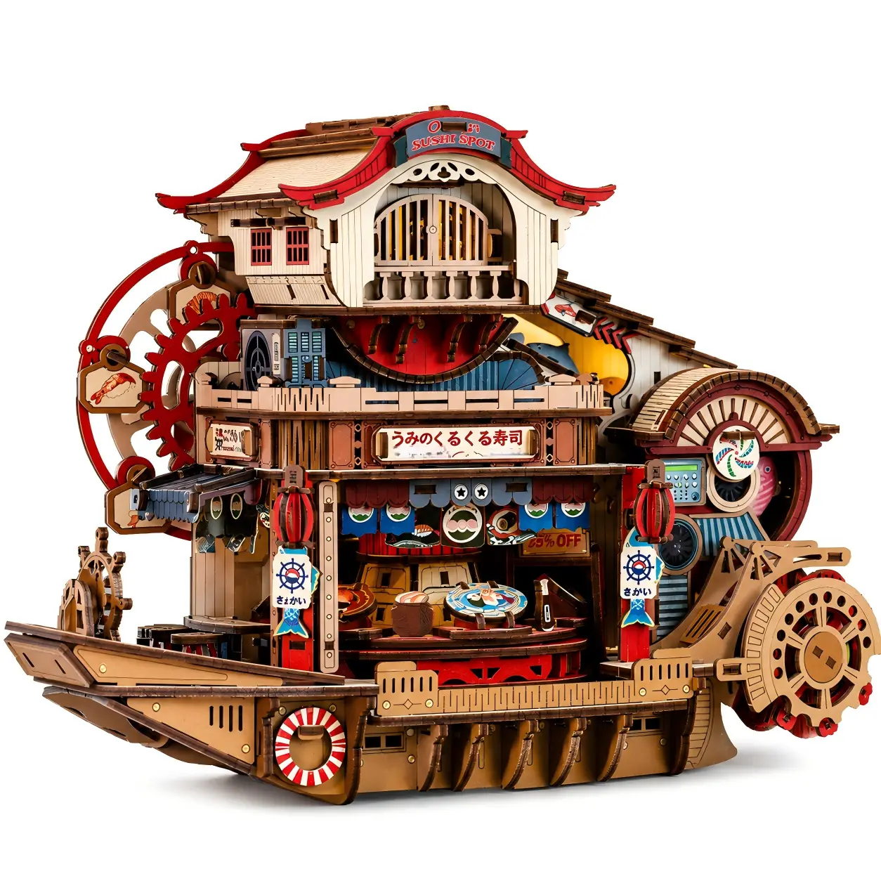 DIY Wooden Mechanical Ship Model Kit with LED Light, Rotating Assembly - Nautical Building Kit for Adults