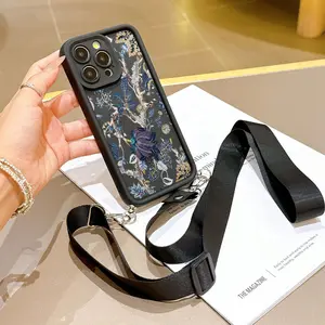 Convenient Lanyard Phone Case with Adjustable Strap and Crossbody Shoulder Strap, Blue Flower, Tpu Anti-Drop Protection for iPhone