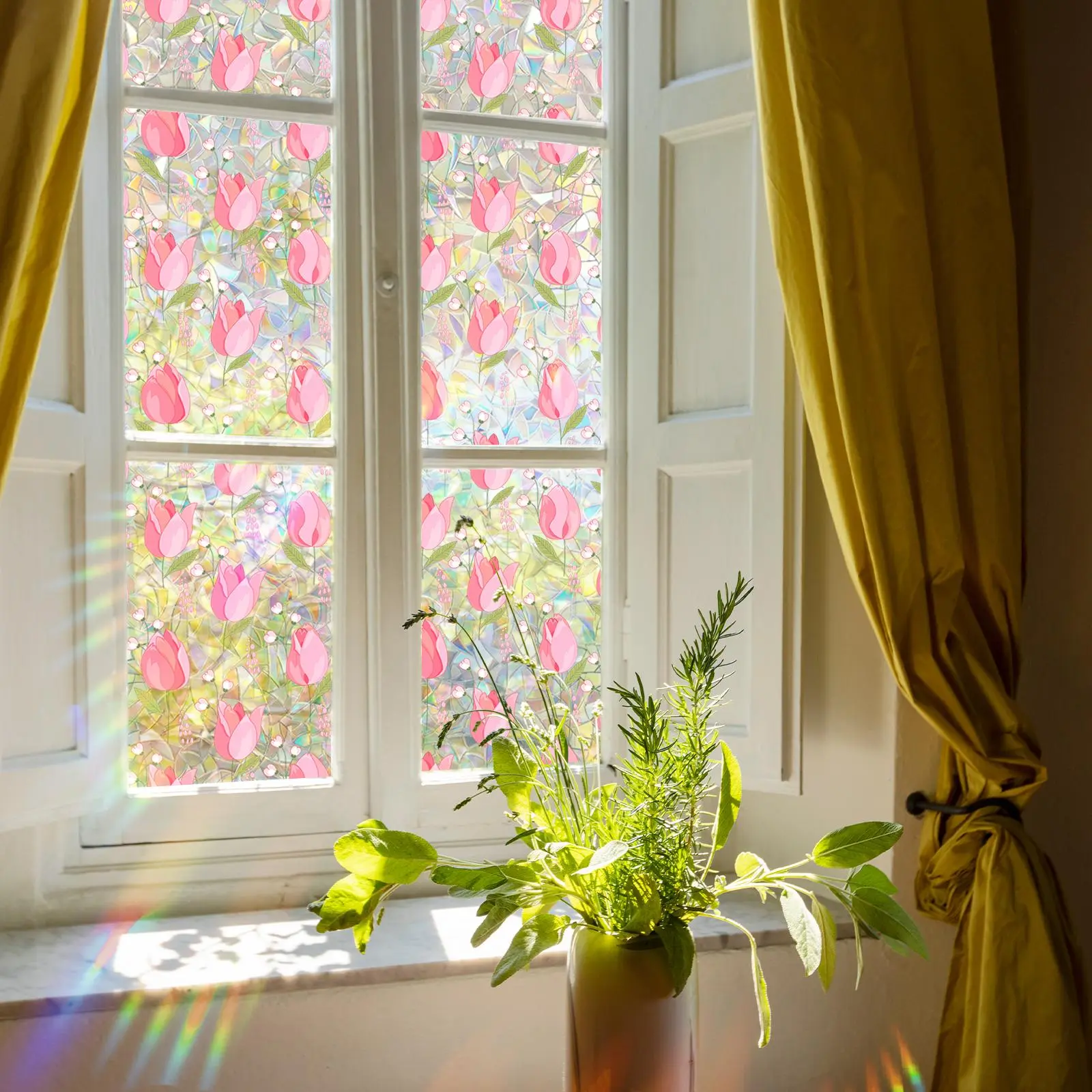 Tulip Pattern Window Sticker, 1 Roll Double-sided Visible Static Window Sticker, Decorative Sticker for Home Window, Removable Window Decal, Decoration Items