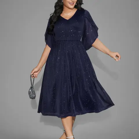 BloomChic Glitter Mesh Petal Sleeve Midi Dress 【M-6XL】