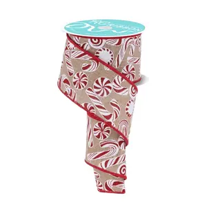 2.5" x 10yd Glitter Candy/Candy Cane Ribbon – Beige/White/Red
