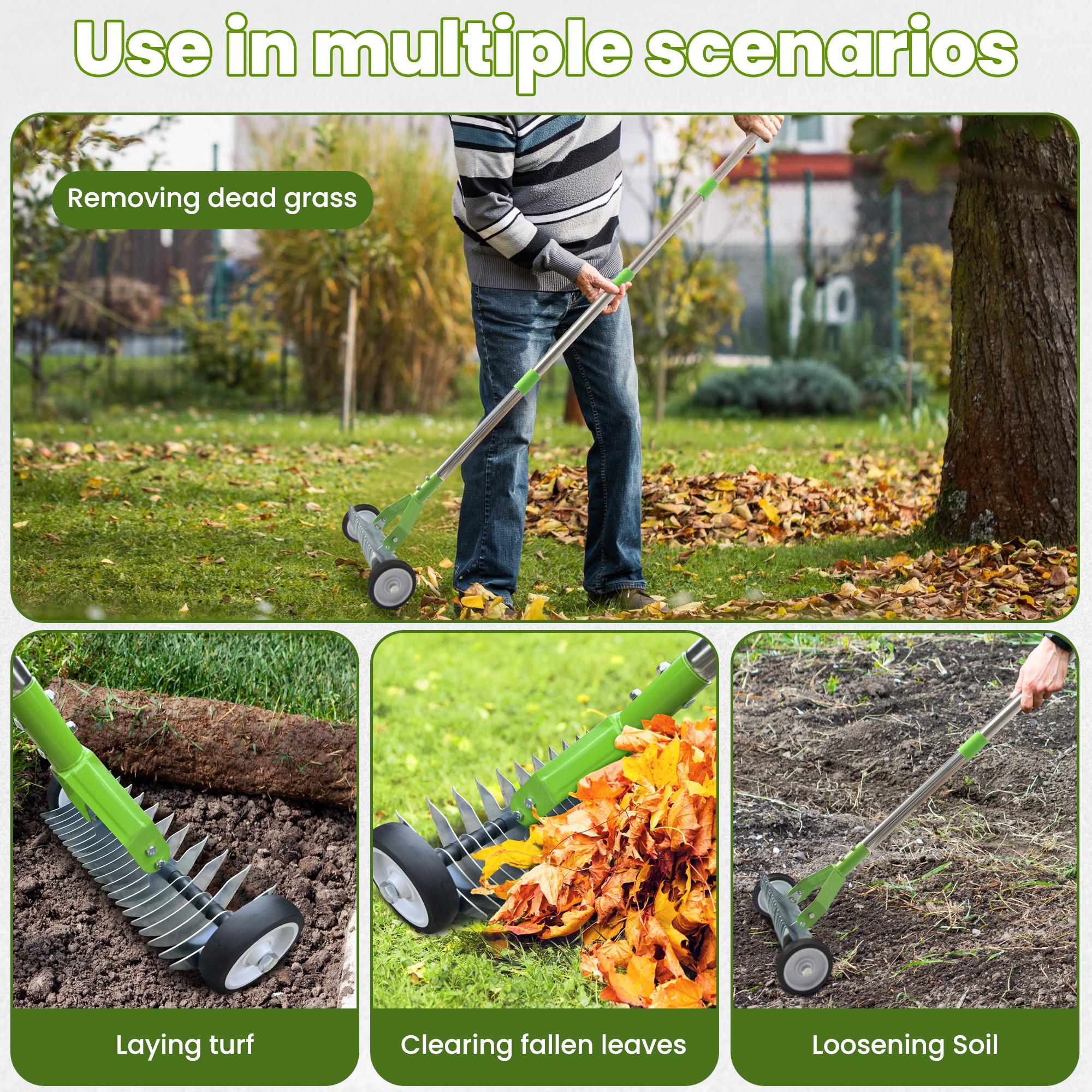 【seckill19%】Lawn rake, adjustable gardening rake head, 38inch to 65inch handle with wheels, 21 and 11 double-sided steel teeth, heavy-duty weeding rake suitable for both cold and warm season lawns, used for landscaping and lawn maintenance (green)