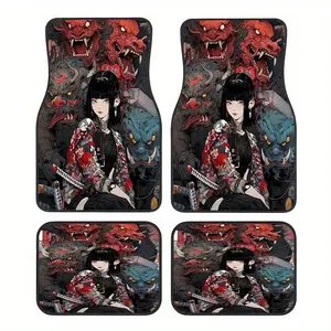 4-piece set, simple, stylish, good-looking car rubber mats with patterned cartoon anime character style, universal non-slip floor mats, easy to clean, pet-friendly car accessories, made of synthetic rubber, for use in the car