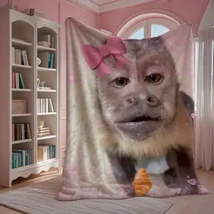 1pc Funny Monkey Print Flannel Blanket - Soft All-Season Throw with Playful Monkey & Pink Hearts Design, Contemporary Digital Print for Father's Day, Mother's Day, Weddings - Cozy Home Decor Gift, Monkey Blanket,