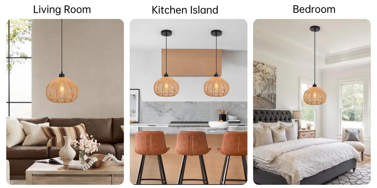 Garwarm 9.84 Inch Rattan Farmhouse Bohemian Pendant Light,Rustic Woven Pendant Ceiling Light Fixture, Farmhouse Pendant Lighting for Home Decro, Kitchen Island, Dinning Room,Bedroom, Living Room