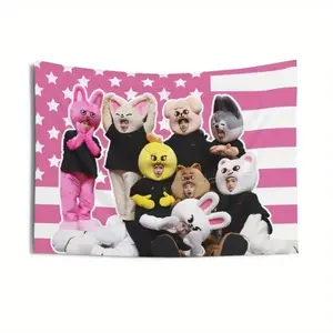 Stray Kpop Tapestry, 40x60 in Polyester Fabric, Cute Flag Design with Pink Stars & White Stripes, Durable Playful Decor for Bedroom, Home Decor Tapestry, Bedroom Decor