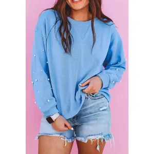 Myosotis Pearled Sleeves Drop Shoulder Round Neck Pullover Sweatshirt