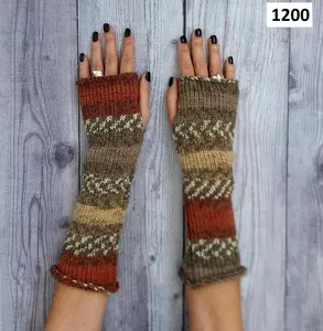 Hand Knit Wool Fingerless Gloves: Colorful Winter Arm Warmers