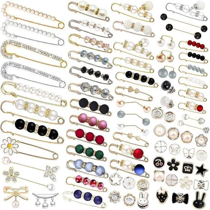70 Pcs Brooch Pins, Sweater Shawl Hat Clip Neckline Pins Double Faux Pearl Brooches for Women Fashion Cover Up Buttons Clothing Dress Decoration Accessories Pant Waist Tightener Safety Pins