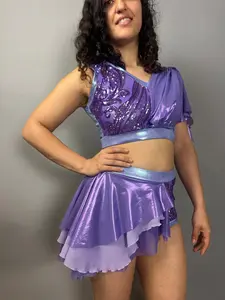 Lavender purple Sequin Dance Costume, Fire Dancer Outfit, High Waist Shorts with Half Skirt, Crop Top ,4 Way Stretch Mesh