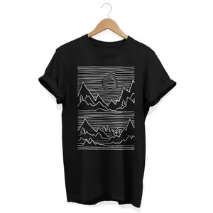 Women's abstract mountain landscape Graphic T-Shirt - Short Sleeve Crew Neck Regular Fit Casual Wear | Soft & Breathable Fabric, Durable Print, Everyday Comfort, Machine Washable, minimalist line art with geometric patterns mountain range with trees and a
