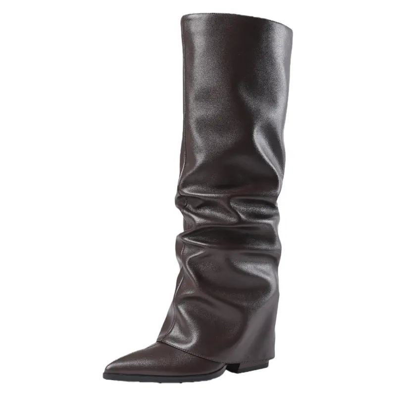 Women's Brown Leather Fold-Over Slouch Knee-High Boots, Pointed Toe Block Heel, Boot Heels, Comfortable Elegant Fashion Walking Footwear
