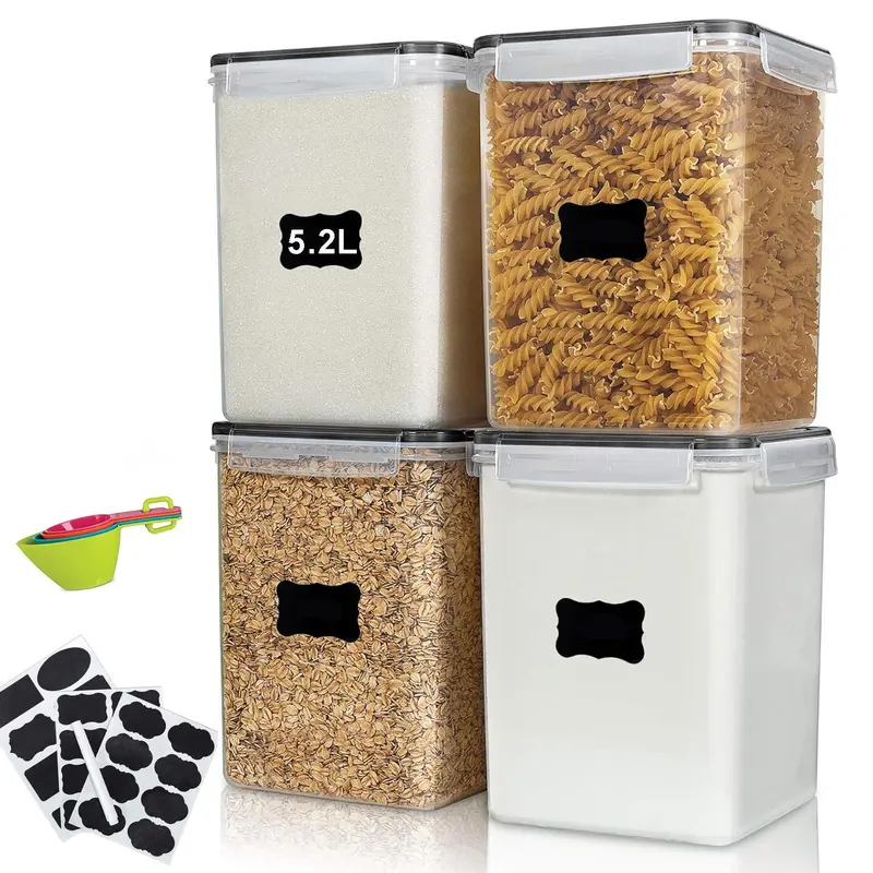 YEWLTVEP 4-Piece Large Airtight Food Storage Containers (5.2L/175oz) with Lids, 4 Measuring Cups & Labels for Home Kitchen Flour, Sugar, Rice, Baking Supplies, Black Kitchen Accessories
