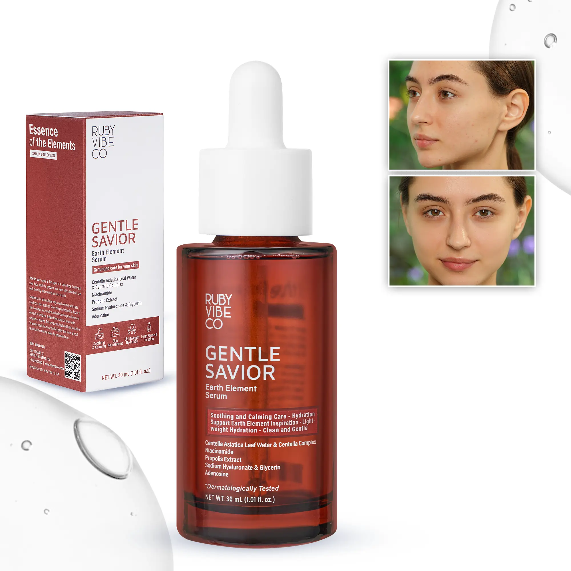 RUBY VIBE CO Centella Serum with Niacinamide & Hyaluronic Acid, Hydrating Face Serum for Sensitive Skin, Centella Asiatica Serum, Gentle Savior Earth Element Serum, 1.01 fl oz (30 mL)