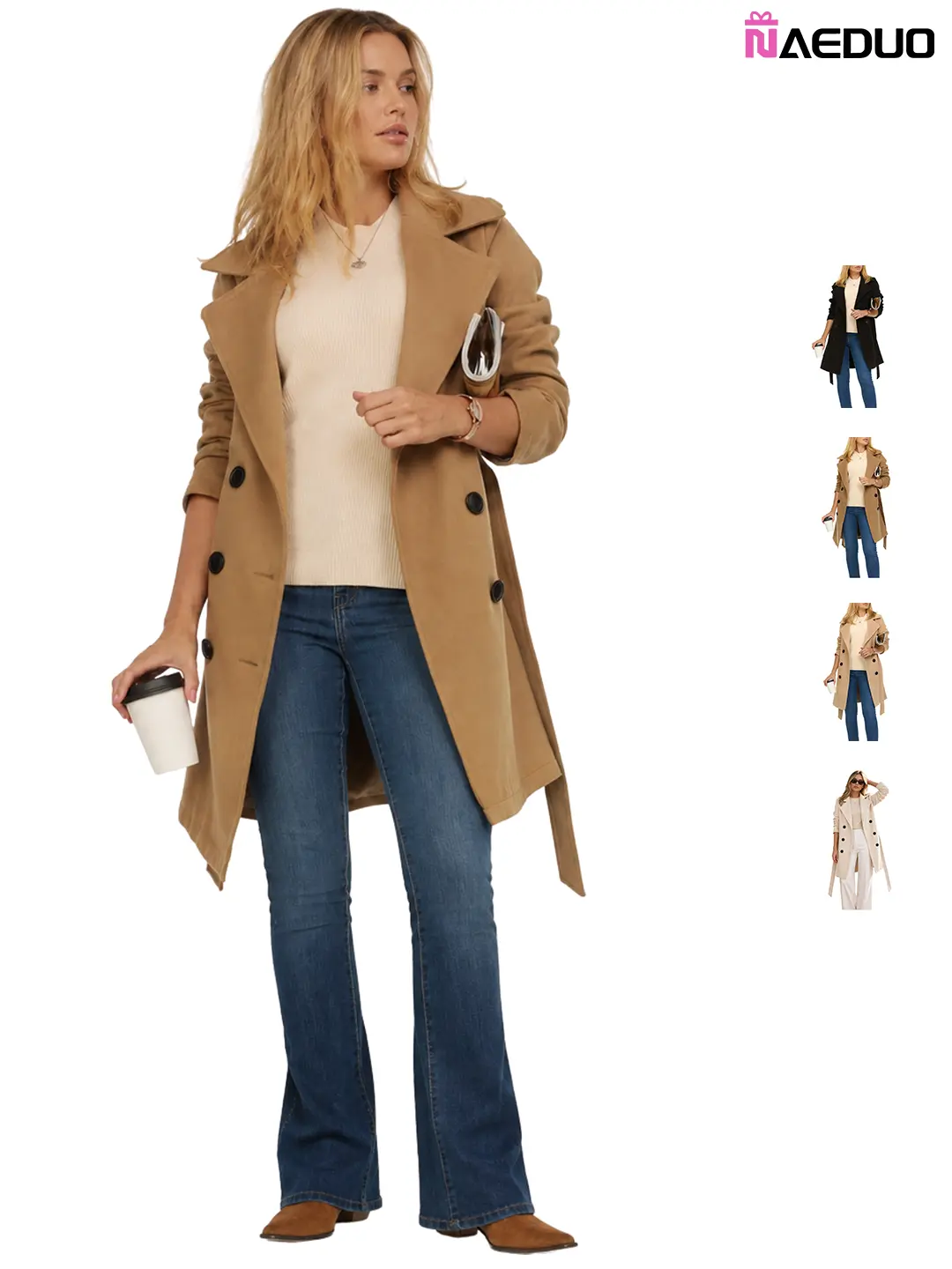 Naeduo Women's Faux Wool Blend Double-Breasted Peacoat - Mid-Length Structured Silhouette with Removable Belt, Machine Washable, Knitwear, Longsleeves, Clothes, Tops