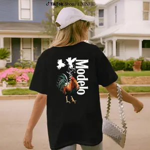 Modelo Rooster T-Shirt - Bold Rooster Graphic With Dynamic Fighting Cocks , Perfect For Beer Lovers And Fiesta Enthusiasts , Casual Daily Wear , Relaxed Fit , Unisex Style , Unique Modelo Design Crewneck Menswear Classic