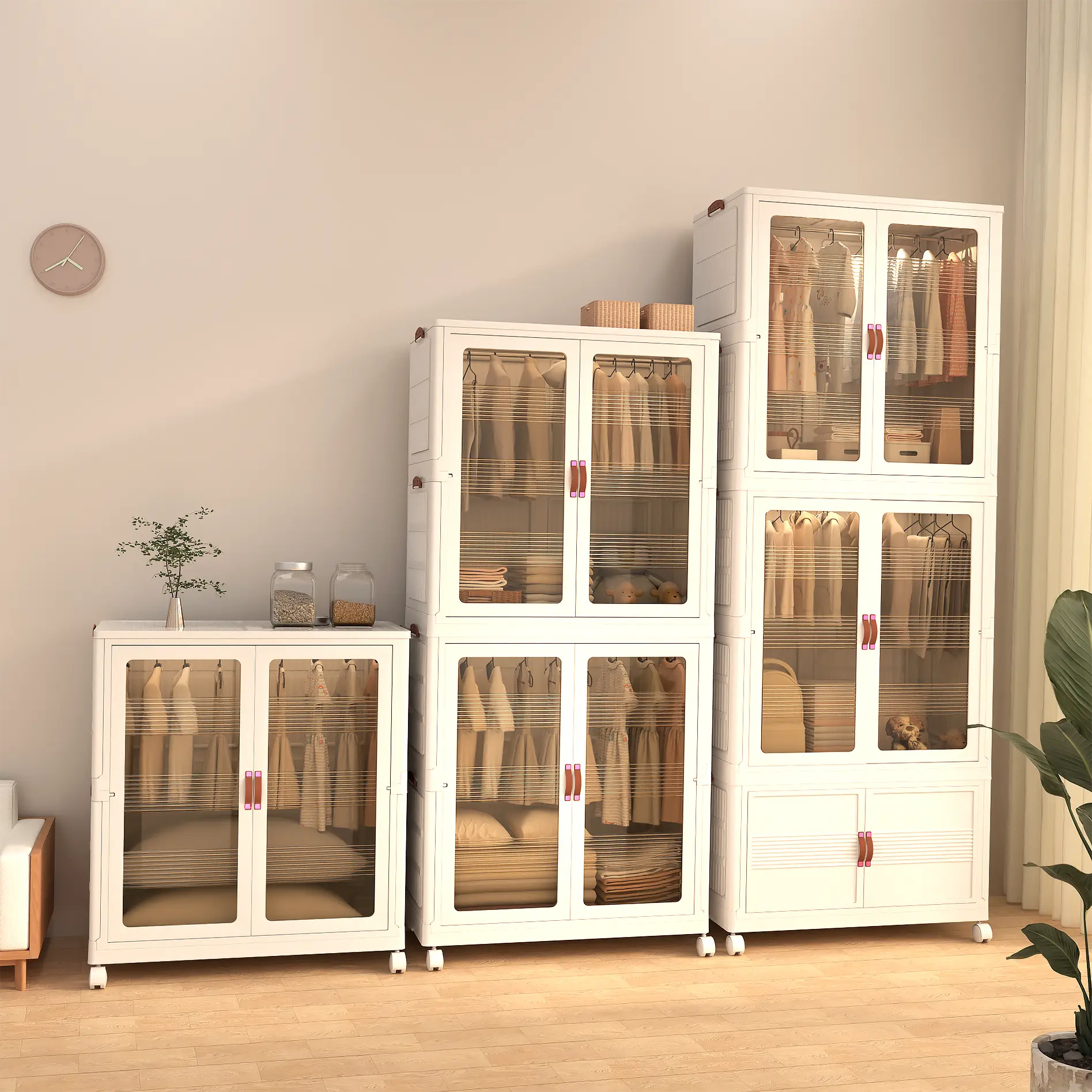 Plastic Expandable Organizer Cabinet with Wheels - Foldable Stackable Bins, Magnetic Doors, Space-Saving for Small Spaces (TikTok Viral Home Storage Holder), Plastic Storage Cabinet, Stackable Storage Cabinet
