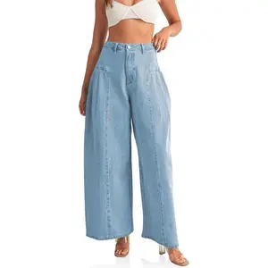 Womens Baggy High Waisted Jeans Loose Boyfriend Wide Leg Side Pleated Denim Pants Womenswear Blouse