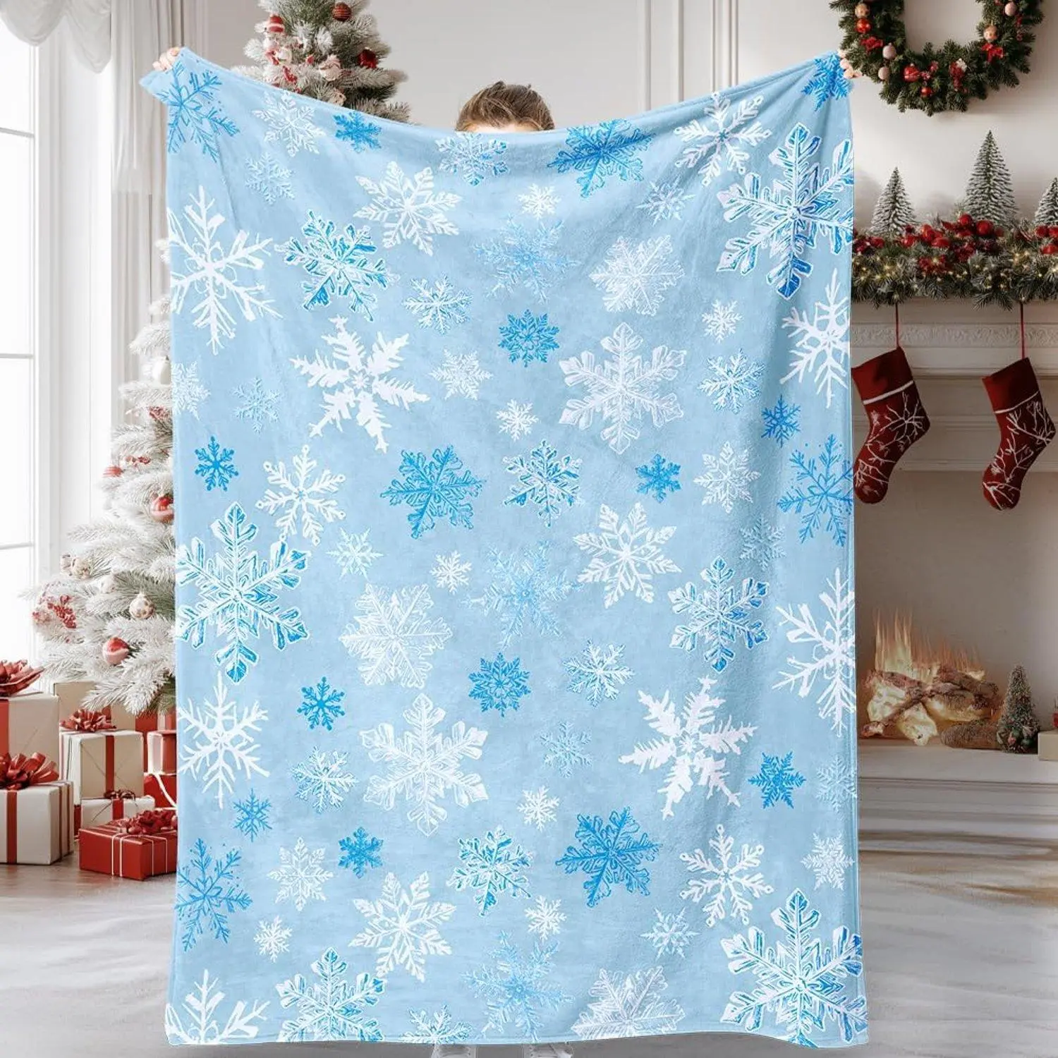 Christmas Throw Blanket Blue Snowflake Blanket Ultra Soft Flannel Fleece Blankets Winter Plush Fuzzy Warm Bed Blankets Christmas Holiday Decor for Couch Bed