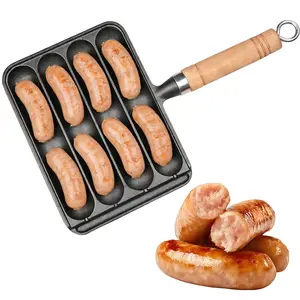Cast iron sausage grill pan, uncoated natural nonstick surface; breakfast griddle perfect for hot dogs and fried eggs, ideal for home cooking