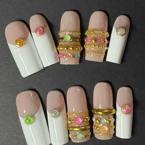 Spring Bangle Nails Medium Length Square with Gold Beads and Colorful Gems for Stylish Manicure