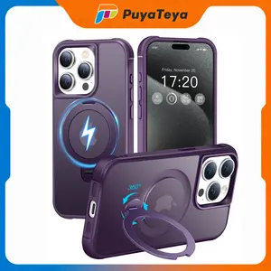 PuyaTeya 360-Rotating Magnetic Stand Cover & Casing for iPhone 17 Pro Max, MagSafe Compatible Aluminium Button Phone Accessory, Adjustable Shockproof Military Drop-Proof Matte Anti-Fingerprint Device for Outdoor Use