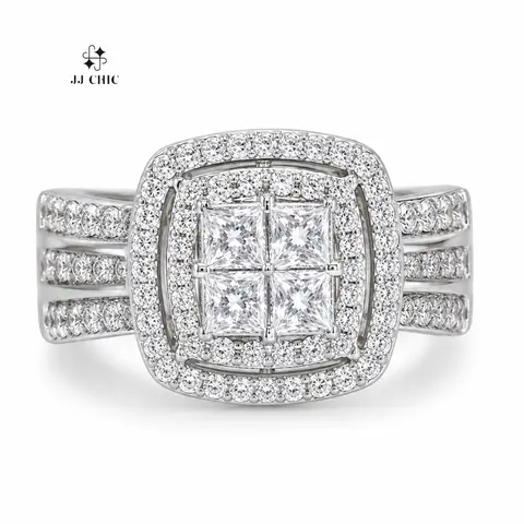 JJ CHIC Women's Square Halo CZ Ring, Sparkly Princess Cut Statement Piece, Elegant Wedding Promise Gift for Her