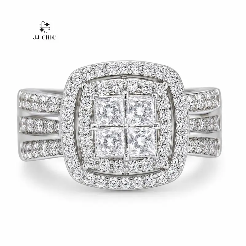 JJ CHIC Women's Square Halo CZ Ring, Sparkly Princess Cut Statement Piece, Elegant Wedding Promise Gift for Her