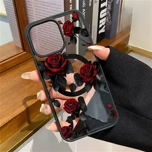Elegant Red Roses Pattern Magnetic Phone Case Shockproof Non Slip Protection TPU Transparent Acrylic Cover Cellphone Protective   Supports Wireless Charging Smartphone for iPhone 17 15 16 14 Pro Max 13 12 Air Plus