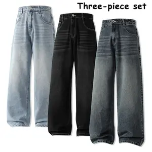 All-season 3-pack wide-leg jeans, men’s and women’s casual baggy denim pants, high-waisted straight-leg trousers, vintage washed streetwear for everyday outfits