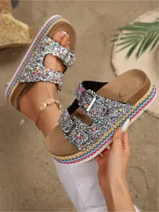 2026 Summer Women's Glitter Platform Slide Sandals Double-Buckle Rainbow-Trim Wedge Slippers