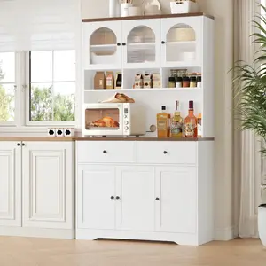 71" Tall Pantry Cabinet with Open Countertop, Kitchen Hutch Food Pantry with Microwave Stand and Adjustable Shelf