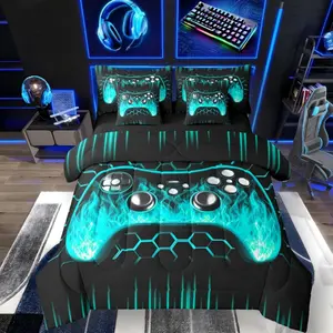 Gamer Comforter Set 7 Piece Bed in a Bag Ombre Art Honeycomb Sheet Set Teal Neon Lights Bedding Set Game Consoles Bed Set Geometry Hexagon Beehive Gaming Room Decor