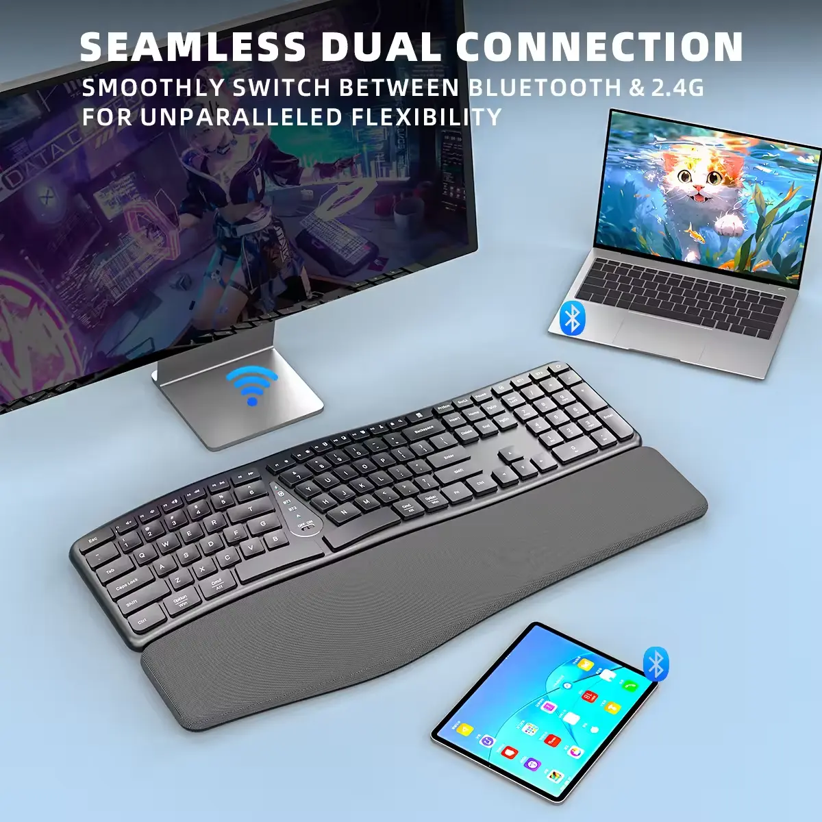 JOMAA Ergonomic Bluetooth & 2.4G Wireless Split Keyboard with Wrist Rest,111-Key Wireless Rechargeable Computer Keypad for Win/Mac OS