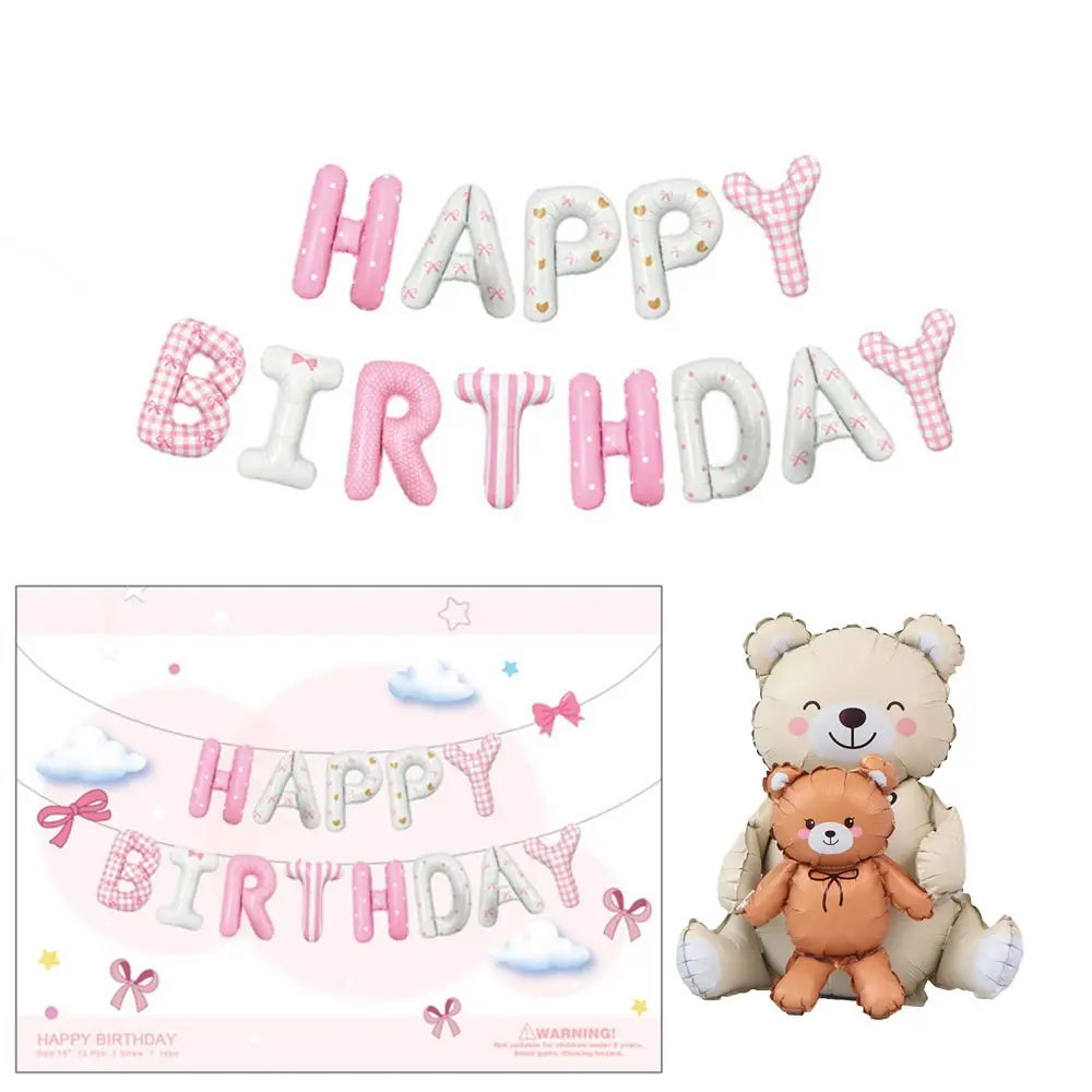 1set Bear and Happy Birthday shaped Balloons Cute Pink Blue Aluminium Foil Balloon DIY Birthday Party Decoration Suppries Home