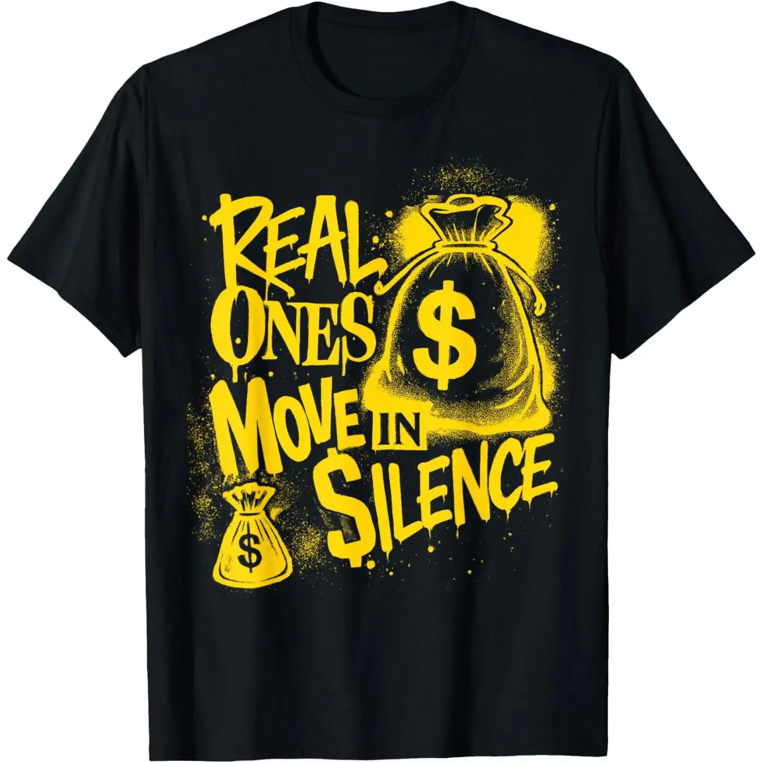 Men's 100% Cotton Short-Sleeve Round Crew Neck Casual T-Shirt - Yellow, "Real Ones Move in Silence" Graphic, All Seasons Streetwear Top, Round Neck, Machine Washable