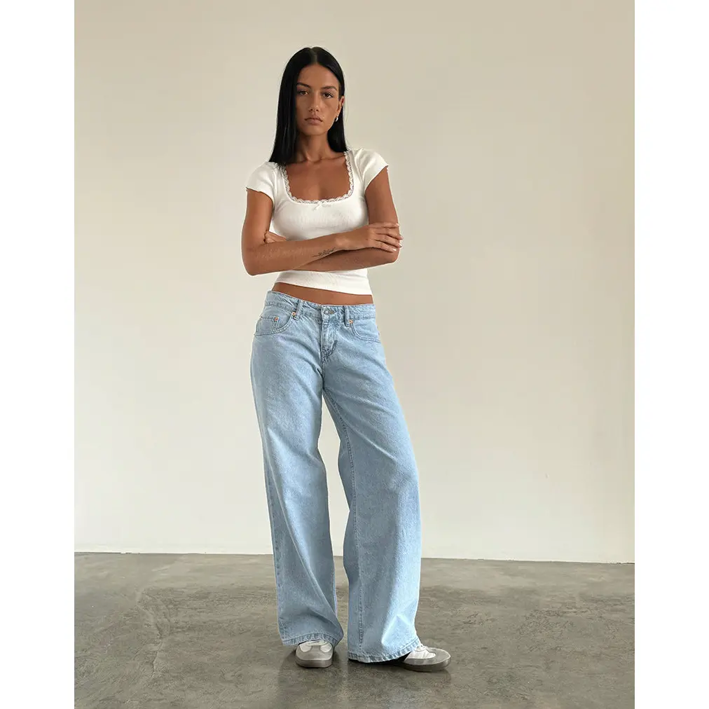 Motel Rocks Women's Low-Rise Roomy Fit Light Wash Recycled Cotton Fabric Jeans - 5-Pocket Detailing, Button-Closure Bottoms