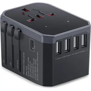 Universal Travel Adapter, European Travel Plug Adapter (Not a  Converter) - International Power Adapter Worldwide Charger with USB-C & 4 USB-A Ports, Travel Essentials (TA-105, Grey)